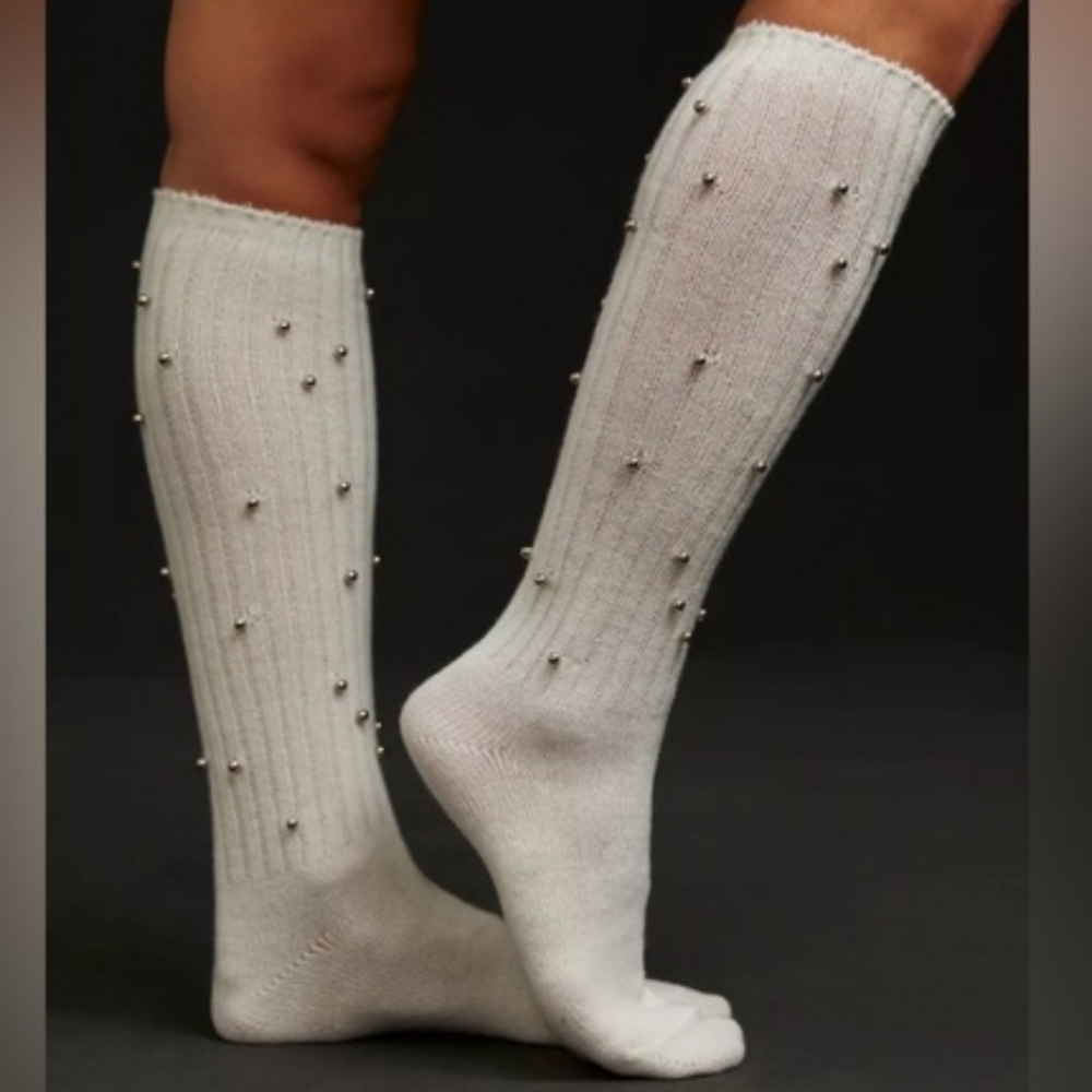 Anthropologie Knee-High Silver Embelleshed Pearl Socks NWT - Picture 3 of 4